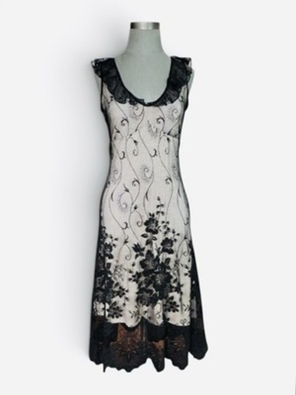 Reflex Black Floral Lace Midi Dress Sleeveless Ruffle Neck Beige Lining Womens M
